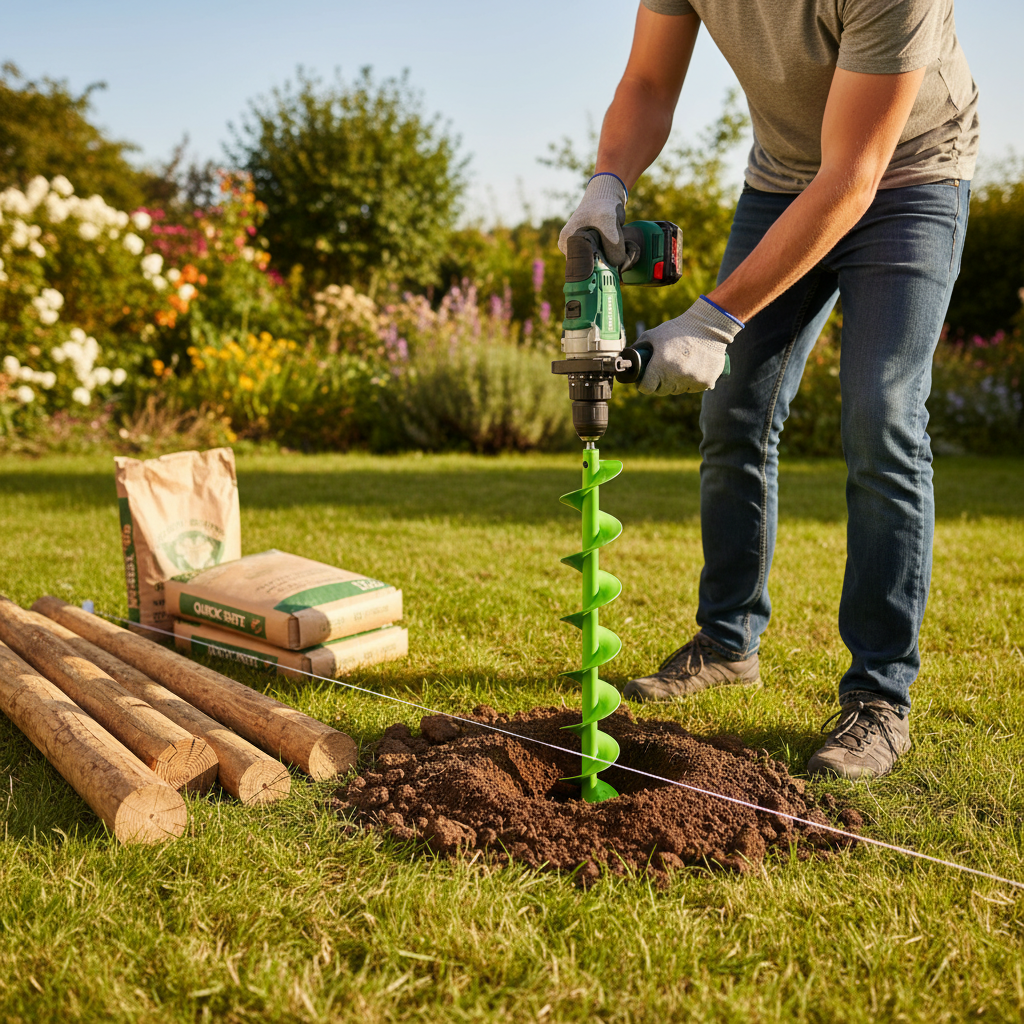 zaunpfosten-setzen-erdbohrer-werhe-bohrhammer-garten Zaunpfosten setzen mit WERHE Erdbohrer 100mm am SDS Plus Bohrhammer – Löcher bohren entlang der Richtschnur im Garten